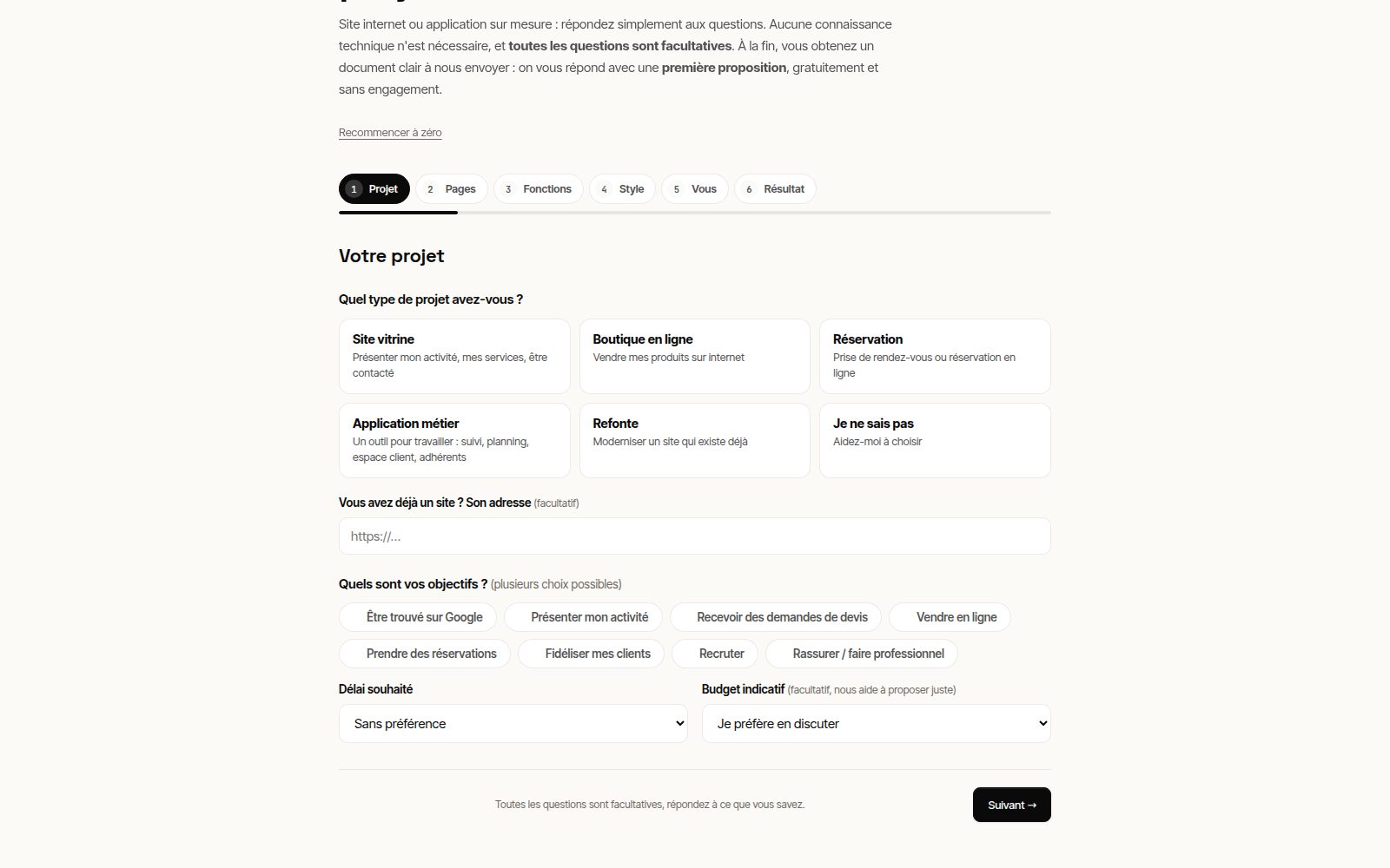 L'assistant cahier des charges : la première étape, le type de projet