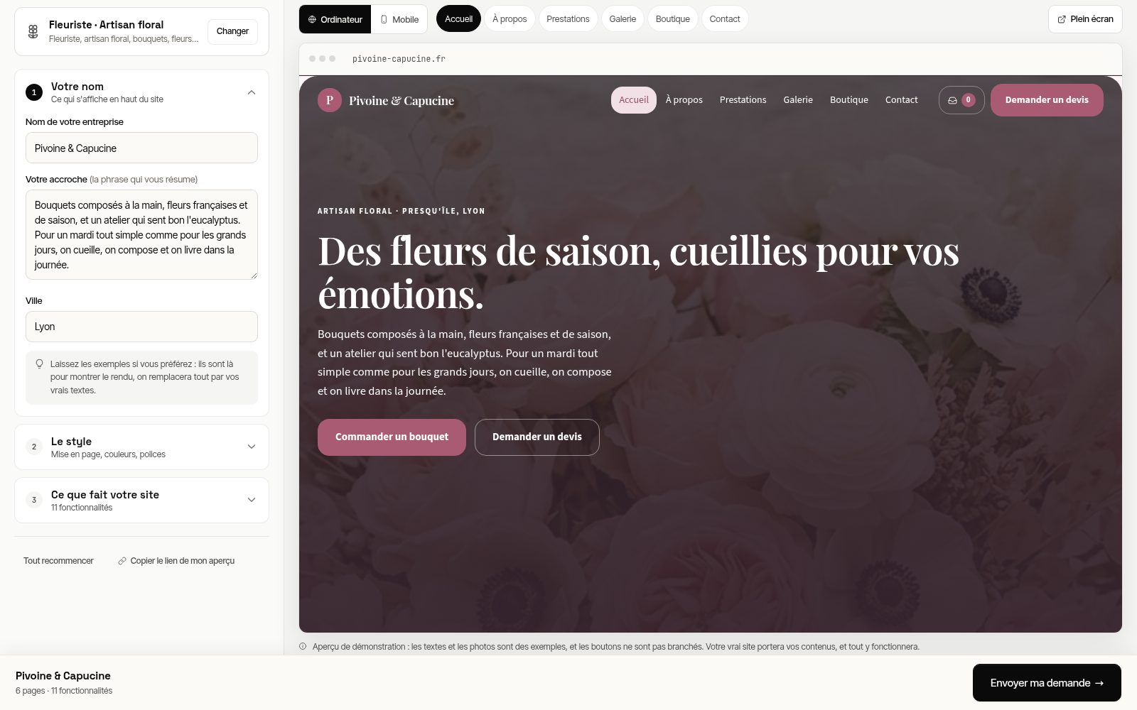 Le configurateur : les réglages à gauche, le site qui se construit en direct à droite
